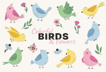 Birds in different poses and spring flowers set of vector illustrations. Flying and sitting cute birds. 