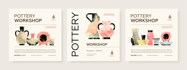 Set of pottery workshop advertising vector web square banner design template. Hand made ceramics, clay crockery flat illustration. Pottery lesson, ceramic studio, hobby master class invitation layout
