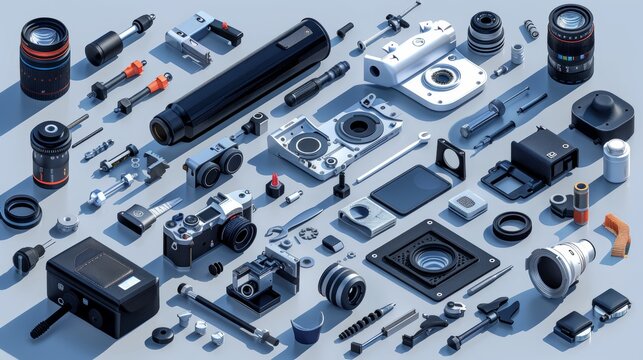 A scattered assortment of camera parts and tools in an isometric view, including lenses, gears, screws, and a camera body.