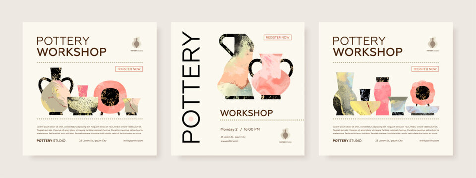 Set of pottery workshop advertising vector web square banner design template. Hand made ceramics, clay crockery flat illustration. Pottery lesson, ceramic studio, hobby master class invitation layout