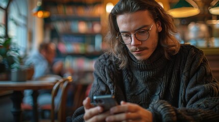 A man with glasses is looking at his cell phone in a cafe