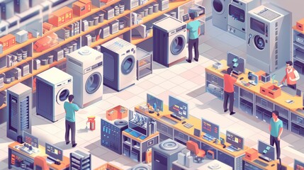 Obraz premium Isometric view of an electronics store with customers browsing appliances and computers.