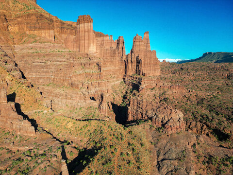 Aerial view of rugged rock formations in Waimea Canyon, Moab, Utah, United States.