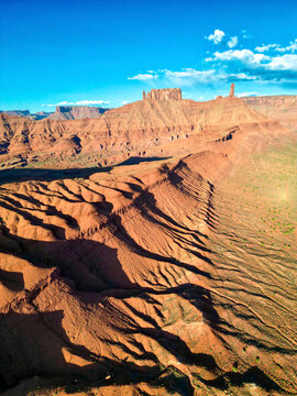 Aerial view of Castleton, Mother Superior rock in sunset, Moab, Utah, United States.