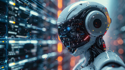 Fototapeta premium Side view of a humanoid head with blue eyes and vibrant neon neural network, representing futuristic technology and artificial intelligence. 