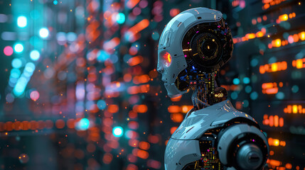 Side view of a humanoid head in vibrant neon neural network, representing futuristic technology and artificial intelligence.