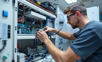 Electrician working on circuit board with wires and tools in an industrial setting