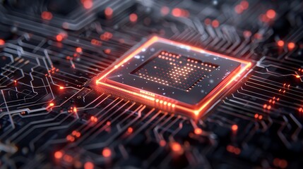Fototapeta premium A glowing CPU chip on a circuit board, symbolizing processing power and technological advancement.