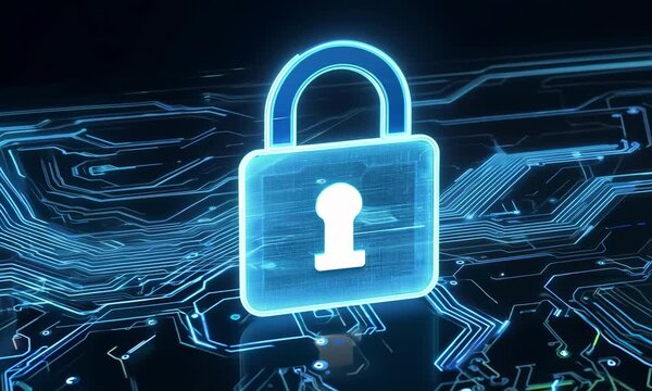 A lock icon glowing blue neon on a digital circuit board background. Cyber security and data protection concepts