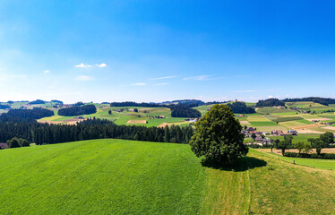 Aerial view of lush green fields and rolling hills in Schmidigen-Muhleweg, Emmental Region, Switzerland.