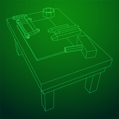 Craft carpentry workbench workshop interior. Wireframe low poly mesh vector illustration