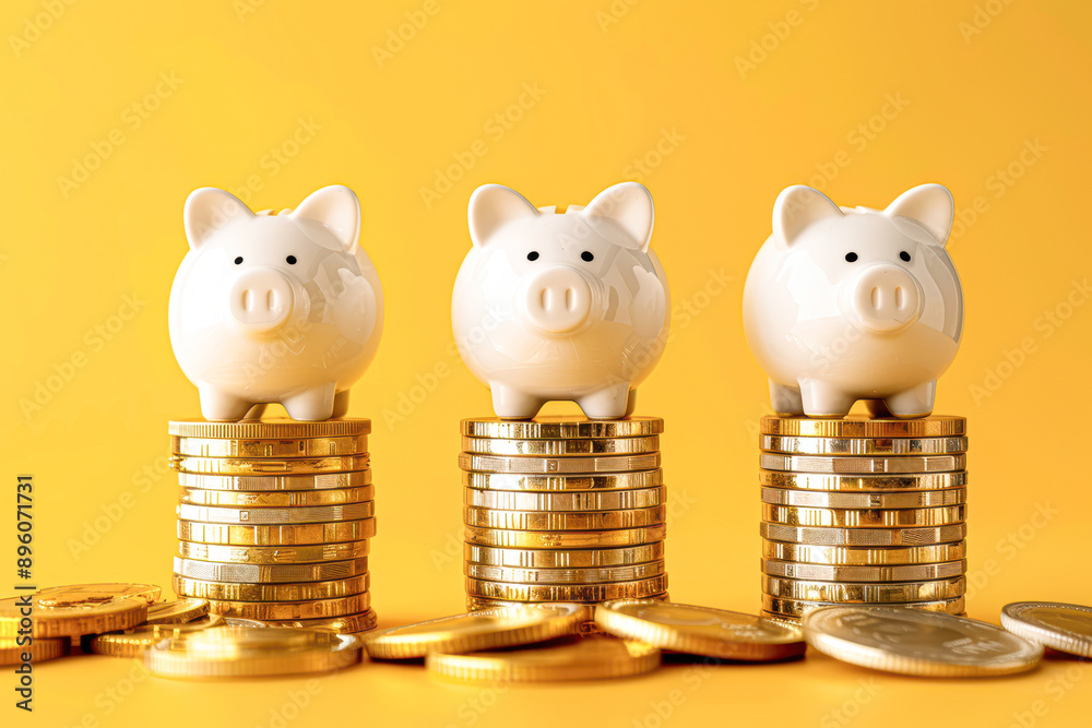 Canvas Prints Three piggy banks are stacked on top of each other with gold coins on the bottom