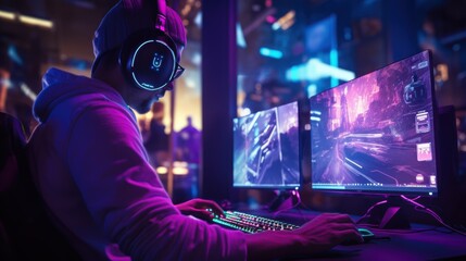 pro gamer man in headphones live streaming while playing online computer game, neon lights, esports,  gaming, monitor, play, young, player, internet, enjoyment, cyber,