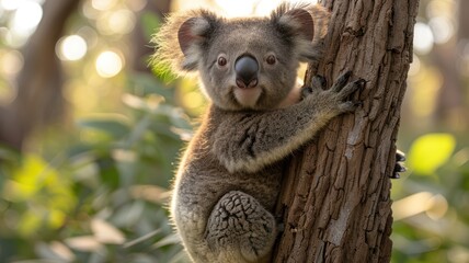 Obraz premium Adorable Koala Clinging to Tree in Natural Habitat with Sunlit Background in Australian Forest