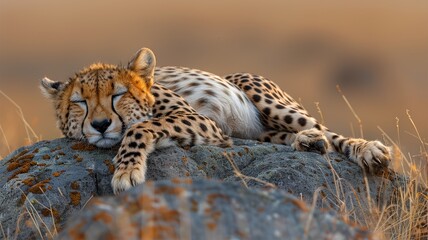 Cheetah Resting on Rock in African Savanna During Sunset, Capturing the Elegance and Tranquility of Wildlife in Its Natural Habitat