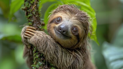 Naklejka premium Adorable Sloth Clinging to Tree in Lush Greenery, Close-Up of Cute Animal in Natural Habitat, Wildlife Photography, Nature and Conservation, Tropical Rainforest, Endangered Species