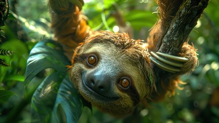 Obraz premium Close-Up of a Smiling Sloth Hanging from a Tree Branch in a Lush Green Jungle, Capturing the Serenity and Charm of Wildlife in Their Natural Habitat