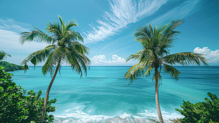 Palm trees swaying gently in the breeze with an endless ocean backdrop