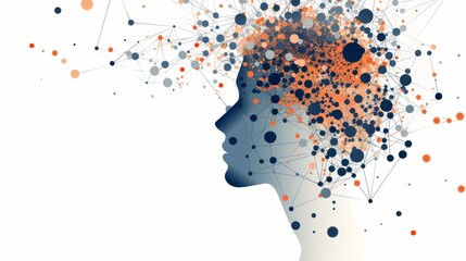 Abstract profile of a woman with a burst of colorful dots and lines emanating from her head, representing creativity, thought, or connectivity.
