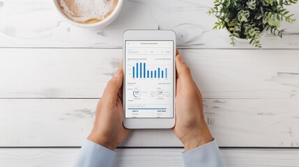Hands holding a smartphone displaying a graph, on a white wooden table with coffee and a plant.