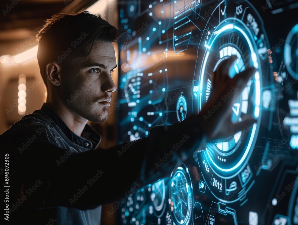 Wall mural man operating futuristic interface in a photography shot with advanced technology