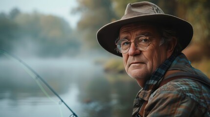 Obraz premium A senior man in a hat and glasses looks intently at the camera while holding a fishing rod. The background is a blurry image of a misty river and trees.