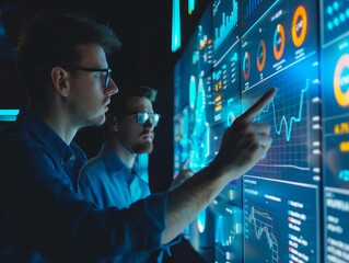 Businessmen analyzing data on virtual screen for financial analysis in futuristic tech solution