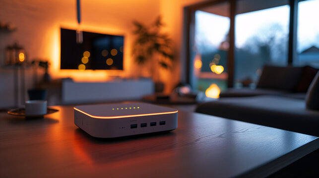 Modern Wi-Fi Router with Glowing Lights in Cozy Living Room with Ambient Lighting
