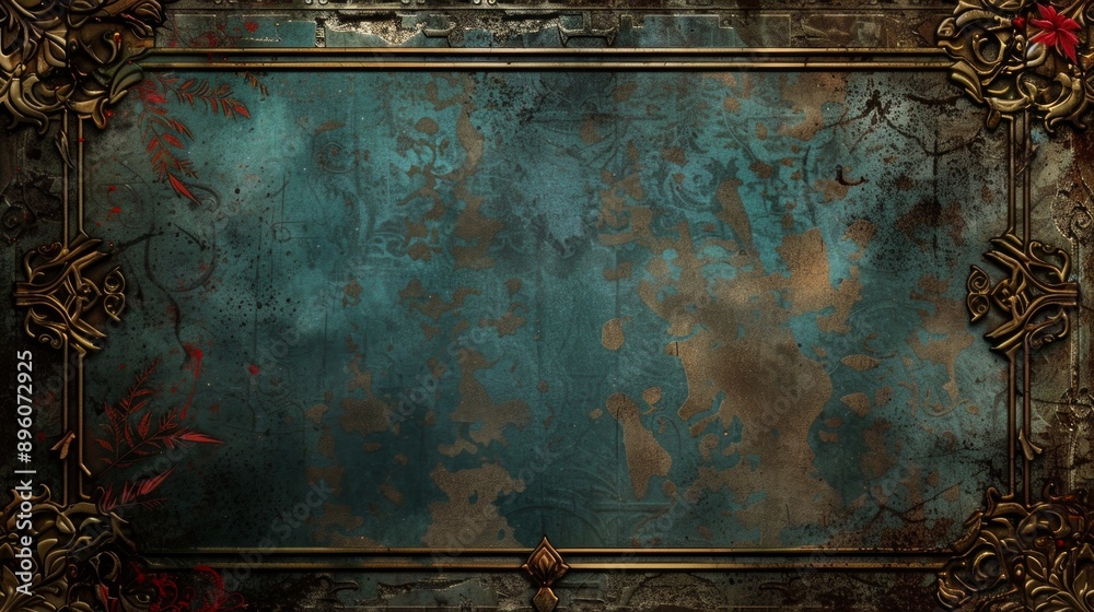 Wall mural grunge frame background with vintage texture in dark tones. distressed metallic border design. ideal