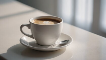 Fototapeta premium A hot cup of coffee on a saucer, set against a white background, casting a subtle shadow.