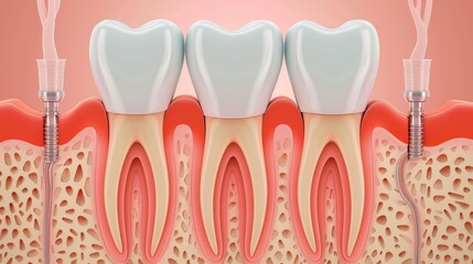 Close-up of three healthy teeth with roots, gums, and surrounding tissue.