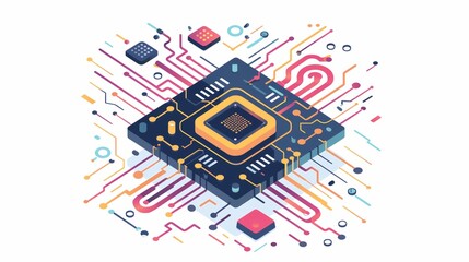 Abstract isometric illustration of a computer chip with colorful circuit board.