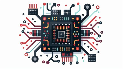 Obraz premium Abstract illustration of a circuit board with colorful lines and dots, representing technology and innovation.