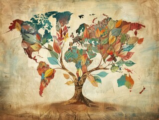 A detailed illustration of a global community tree with leaves representing different cultures and traditions