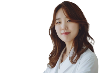 Young Korean female doctor smiles and looks at camera on transparent background.