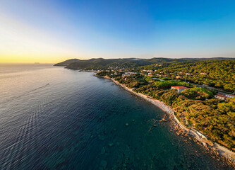 Aerial view of tranquil coastal town Quercianella, Toscana, Italy.