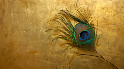 Elegant Peacock Feather: A single elegant peacock feather on a solid gold background.


