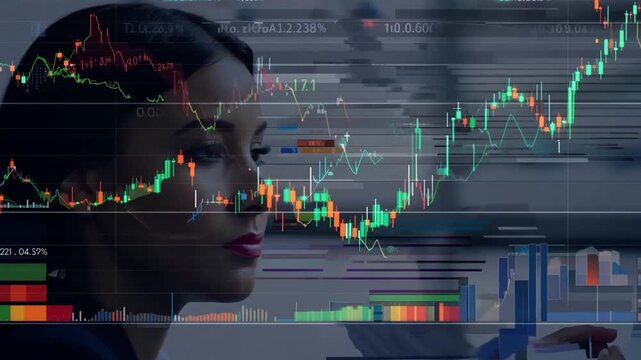 A woman's profile is layered over a stock market chart on a computer screen, showing a pattern of fluctuating prices in the photo