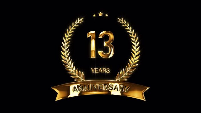 13th Anniversary Celebration. Happy 13 Years Anniversary Animation in Gold Color on the Transparent Background, Alpha Channel. Great for greetings, celebrations, events, and gifts.