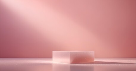 Elegant Glowing Quartz Podium Centered in Front of Pale Pink Backdrop with Floating Sparkles
