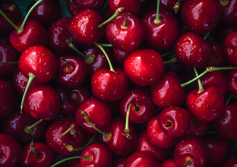 Close up of a bunch of bright red cherries shot from above.