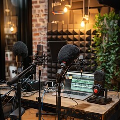 Modern Podcast Studio with Microphones and Laptop