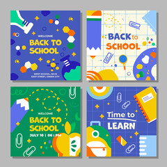 Vector illustration. Back to school. A set of templates in subdued, versatile colors with cute school supplies. Perfect for social media advertising, print, flyers, postcards and more