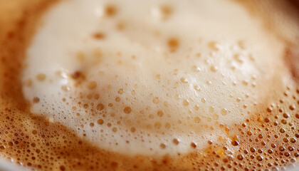 Creamy latte coffee foam texture, frothy surface. Delicious hot drink. Tasty beverage. Close-up.