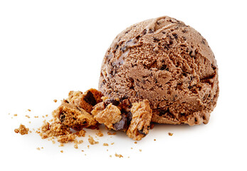 Chocolate chip cookie icecream ball isolated on white background. Scoop of ice-cream closeup