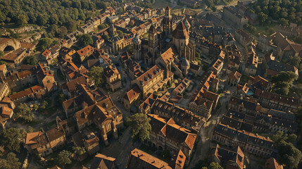 aerial view of a small european town or village with houses with roofs and a church surrounded by nature. medieval village from above at sunset.