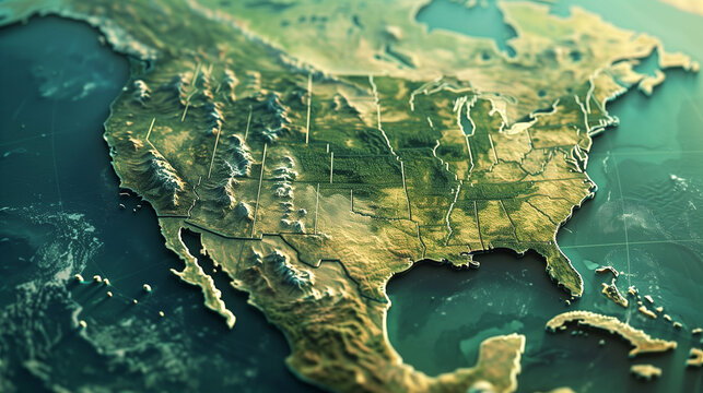 Topographic 3D map of United States with detailed terrain features. Stylized relief map showcasing mountains, coastlines, and state borders for the background of an american wallpaper