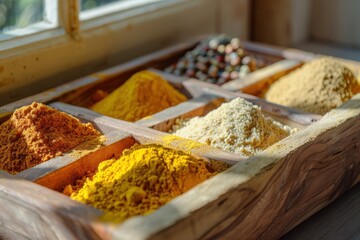 Fototapeta premium Wooden tray holding a variety of colorful spices in kitchen with natural light