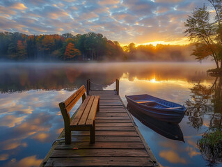 Naklejka premium Dock on the shore of a lake at sunrise on a misty morning. Beautiful clouds in the sky