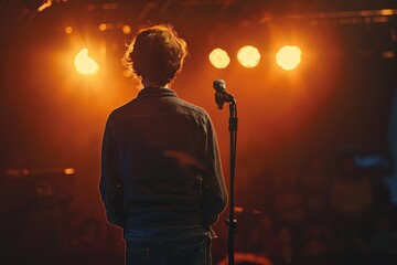 Musician is preparing to perform on stage under the warm lights